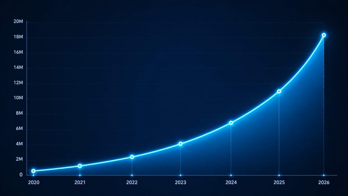 17c.com用户增长数据图表,展示2020-2026年注册用户从50万增长至1800万的趋势